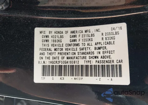 2016 Honda Accord Sport из США, поврежденный, VIN 1HGCR2F50GA190812